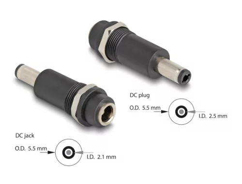 Delock Adapter, DC 5,5 x 2,1 mm-csatlakozóhüvely, DC 5,5 x 2,5 mm méretű apa (DL-64255)