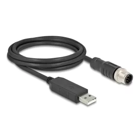   Delock M12 Soros csatlakozású kábel FTDI chip készlettel, A-típusú USB 2.0 apa - M12 RS-232 apa A-kódolású 8 tűs 1,8 m fekete (DL-64257)