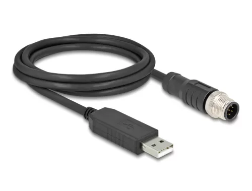 Delock M12 Soros csatlakozású kábel FTDI chip készlettel, A-típusú USB 2.0 apa - M12 RS-232 apa A-kódolású 8 tűs 1,8 m fekete (DL-64257)
