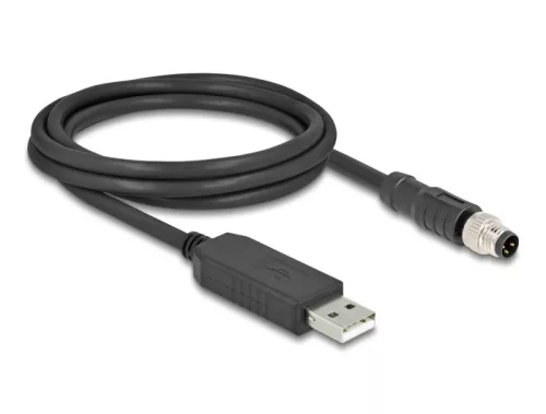 Delock M8 Soros csatlakozású kábel FTDI chip készlettel, A-típusú USB 2.0 apa - M8 RS-232 apa A-kódolású 3 tűs 1,8 m fekete (DL-64258)