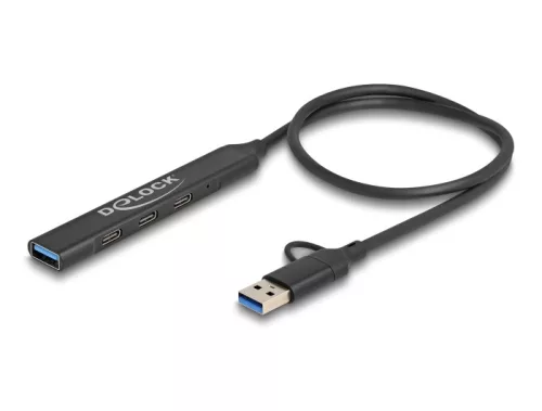 Delock 4 portos vékony USB hub USB Type-C  vagy A-típusú USB csatlakoztatóval és 3 x USB 5 Gbps USB Type-C  és 1 x USB 5 Gbps A-típusú (DL-64272)