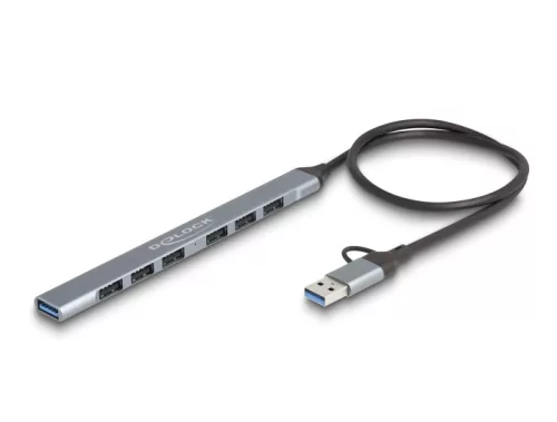 Delock 7 portos vékony USB hub USB Type-C  vagy A-típusú csatlakoztatóval és 1 x USB 5 Gbps A-típusú és 6 x A-típusú USB 2.0 (DL-64273)