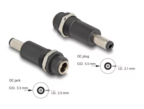 Delock Adapter, DC 5,5 x 2,5 mm-csatlakozóhüvely, DC 5,5 x 2,1 mm méretű apa (DL-64281)