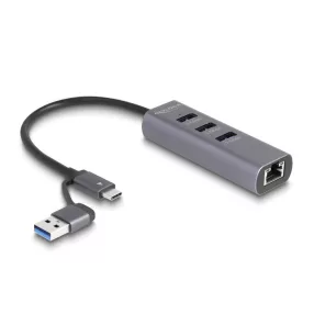   Delock 3 portos USB 5 Gbps Hub + Gigabit LAN USB Type-C  csatlakozóval vagy A-típusú USB csatlakozóval fém vázban (DL-64282)