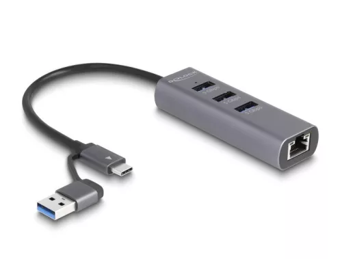 Delock 3 portos USB 5 Gbps Hub + Gigabit LAN USB Type-C  csatlakozóval vagy A-típusú USB csatlakozóval fém vázban (DL-64282)
