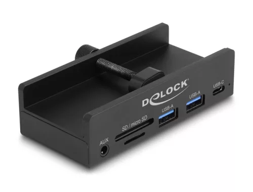 Delock Külső USB 5 Gbps 3 Port Hubon keresztül 2 x A-típusú USB, 1 x USB Type-C -k és 2 bemenetes kártyaolvasó záró csavarmenettel (DL-64285)