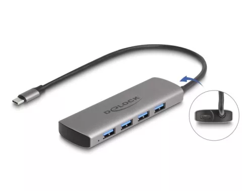 Delock USB 10 Gbps Hub 4 portos A-típusú USB Type-C  csatlakozóval és további tápporttal (DL-64293)