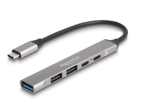 Delock 4 portos vékony USB Type-C  Hub 1 x A-típusú USB 10 Gbps, 2 x USB 2.0 A-típusú és 1 x USB 2.0 USB Type-C , valamint PD 95 W