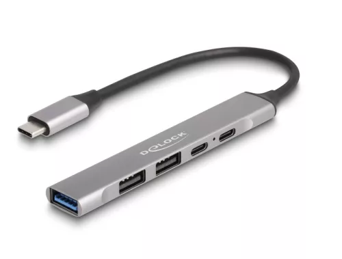 Delock 4 portos vékony USB Type-C  Hub 1 x A-típusú USB 10 Gbps, 2 x USB 2.0 A-típusú és 1 x USB 2.0 USB Type-C , valamint PD 95 W (DL-64298)