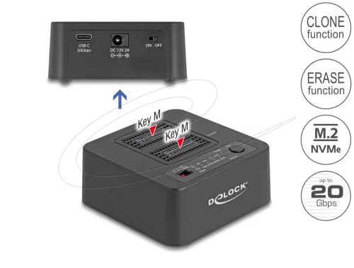 Delock USB 20 Gbps M.2 dokkoló állomás 2 db. M.2 NVMe PCIe SSD-hez klónozó és törlő funkcióval (DL-64300)