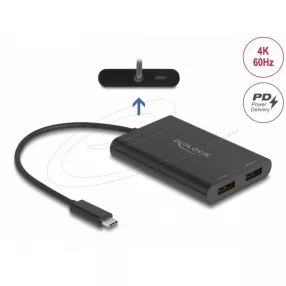   Delock USB Type-C  adapter 2 x DisplayPort 4K 60 Hz-hez DisplayLink  grafikával és USB PD-vel (DL-64308)