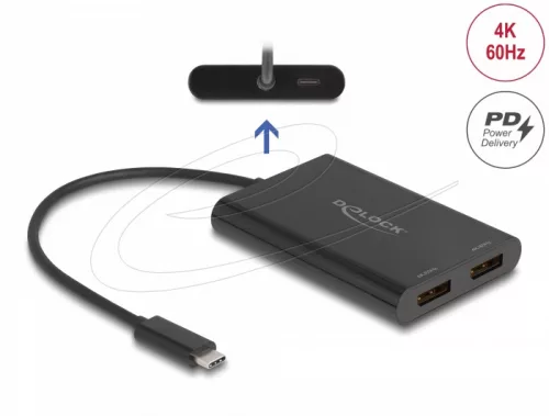 Delock USB Type-C  adapter 2 x DisplayPort 4K 60 Hz-hez DisplayLink  grafikával és USB PD-vel (DL-64308)
