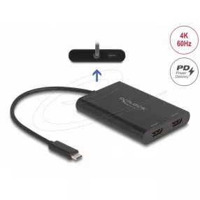   Delock USB Type-C  adapter 2 x HDMI 4K 60 Hz-hez DisplayLink  grafikával és USB PD-vel (DL-64309)
