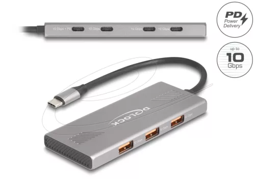 Delock 7 portos USB-elosztó, 10 Gbps, 4 db USB Type-C  csatlakozóaljzattal és 3 db USB Type-A csatlakozóaljjal (DL-64313)