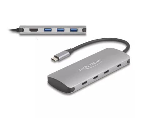 Delock 7 portos USB 10 Gbps Hub és 4K HDMI kimenet USB Type-C  csatlakozóval és PD 3.0 90 Watt (DL-64323)