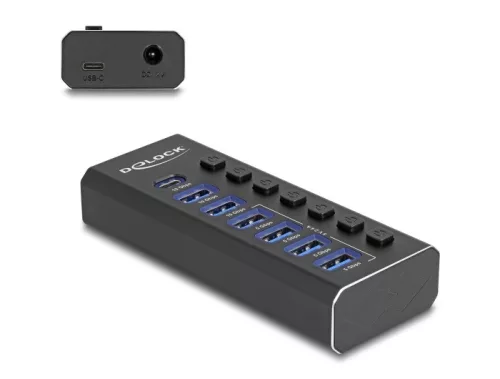 Delock 7 portos USB hub 4 10 Gbps-s porttal és 4 gyorstöltő porttal kijelzővel és kapcsolóval (DL-64326)