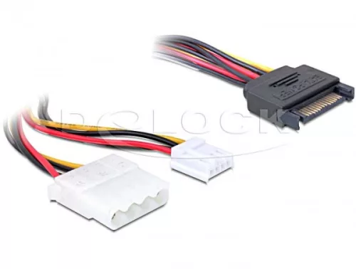 Delock 15 tűs SATA (apa) - 4 tűs Molex (anya) + 3,5" floppy, Y hálózati kábel (DL-65227)