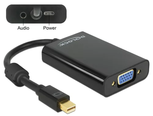 Delock Adapter mini Displayport 1.1-dugós csatlakozó > VGA-csatlakozóhüvely, Audió, MicroUSB, fekete (DL-65598)