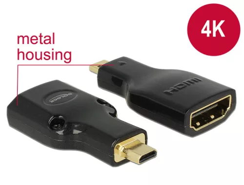 Delock adapter Gyors-sebességű HDMI Ethernettel - HDMI micro-D apa véggel > HDMI-A anya 4K fekete (DL-65664)