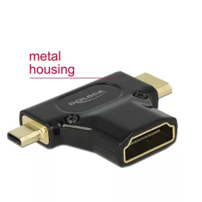   Delock Adapter Gyors-sebességű HDMI Ethernettel - HDMI A anya > HDMI mini-C apa + micro-D apa fekete (DL-65666)