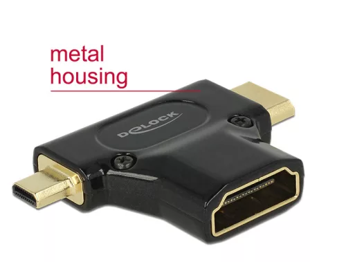 Delock Adapter Gyors-sebességű HDMI Ethernettel - HDMI A anya > HDMI mini-C apa + micro-D apa fekete (DL-65666)