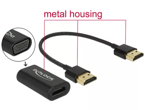 Delock Adapter HDMI-A-csatlakozódugóval > VGA-csatlakozóhüvellyel, fém burkolat, 15 cm-es kábel (DL-65667)