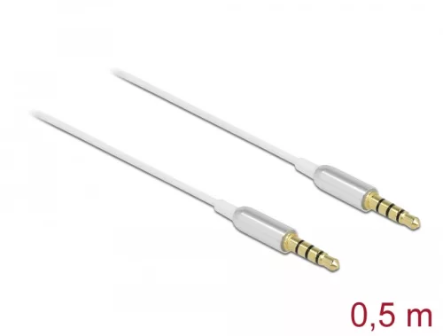 Delock Sztereo jack kábel 3,5 mm 4 tűs apa- apa Ultra Slim, 0,5 m, fehér (DL-66073)
