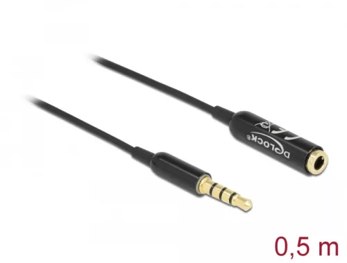 Delock Audio bővítő kábel sztereo jack 3,5 mm 4 tűs apa   anya Ultra Slim, 0,5 m, fekete (DL-66074)