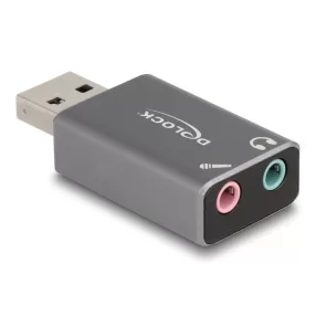   Delock Külső USB hangkártya 2 x 3,5 mm-es sztereo jack Plug & Play audio adapterrel személyi számítógépekhez, laptopokhoz és Mac rendszerekhez (DL-66633)