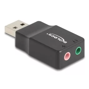   Delock Külső USB hangkártya 2 x 3,5 mm-es sztereo jack Plug & Play audio adapterrel személyi számítógépekhez, laptopokhoz és Mac rendszerekhez fekete (DL-66634)