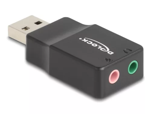 Delock Külső USB hangkártya 2 x 3,5 mm-es sztereo jack Plug & Play audio adapterrel személyi számítógépekhez, laptopokhoz és Mac rendszerekhez fekete (DL-66634)
