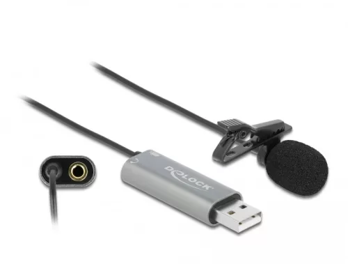 Delock USB Tie Lavalier mindenirányú csiptetős mikrofon 24 bit / 192 kHz és 3,5 mm-es sztereo jack f (DL-66638)