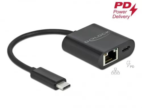 Delock USB Type-C  adapter Power Delivery porttal Gigabit LAN 10/100/1000 Mbps fekete (DL-66644)