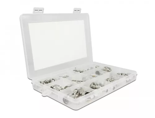 Delock 48 darabos krimp doboz 50 Ohm BNC, TNC és N csatlakozókkal (DL-66810)