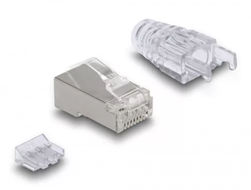 Delock RJ45 Moduláris csatlakozó hajlított kilinccsel Cat.6 és hajlítás védő borítással 50 db (DL-66904)