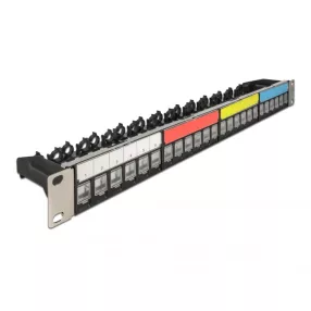   Delock 19 , 24 portos Keystone patch panel kábel rögzítő sínnek, jelző mezővel és porvédelemmel 1U fekete (DL-66921)