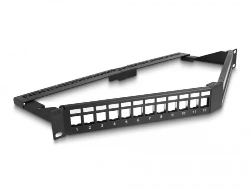 Delock 19  Keystone Patch Panel 24 port húzásmentesítővel 1U ferde fekete (DL-66976)