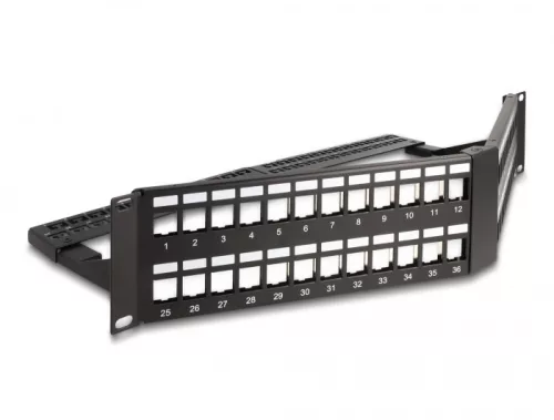 Delock 19  Keystone Patch Panel 48 port húzásmentesítővel, 2U ferde fekete (DL-66977)