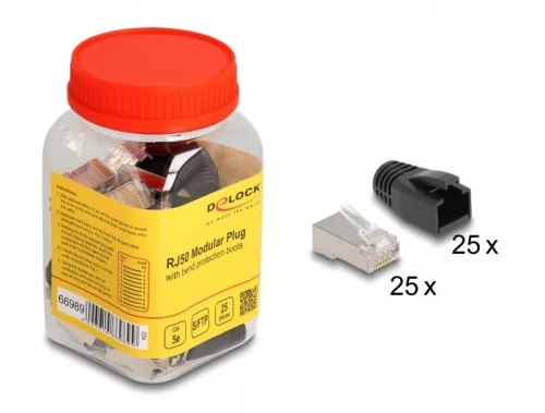 Delock RJ50 Moduláris apa csatlakozó Cat.5e hajlításvédő védőburkolattal 25 db-os szett (DL-66989)