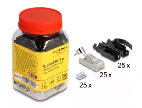 Delock RJ45 Moduláris apa csatlakozó húzásgátló Cat.6A és robusztus hajlításvédő védőburkolat 25 db-os készlet (DL-66990)
