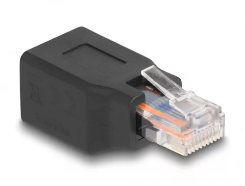 Delock M12 D-kódolt adapter 4 tűs anya - RJ45 anya Cat.5e beszerelő mélyedéssel, 90 -ban hajlított, ibolya színű (DL-66991)