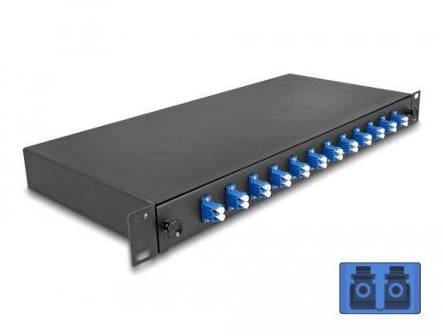 Delock 19  optikai szálösszefűző doboz 12 db. LC Duplex OS2 1U teljes elrendezés kész az összefűzésre