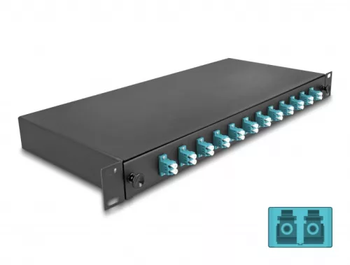 Delock 19  optikai szálösszefűző doboz 12 db. LC Duplex OM3 1U teljes elrendezés kész az összefűzésre (DL-67004)