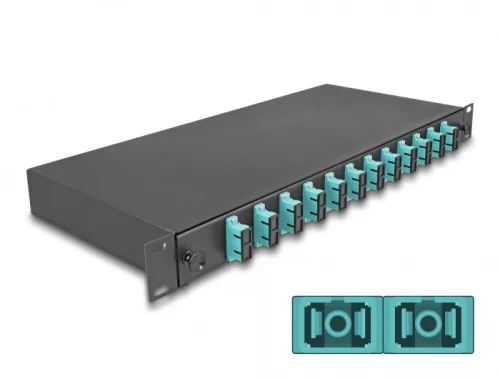 Delock 19  optikai szálösszefűző doboz 12 db. SC Duplex OM3 1U teljes elrendezés kész az összefűzésre (DL-67007)