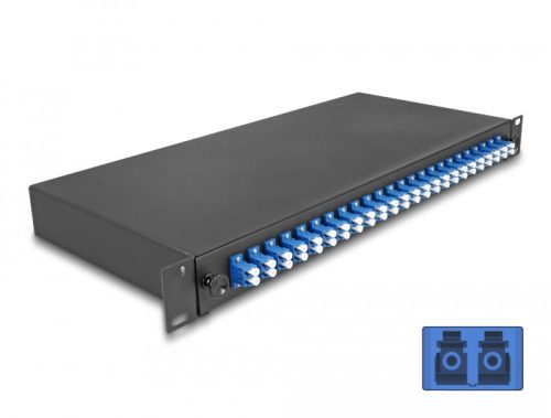 Delock 19  optikai szálösszefűző doboz 24 db. LC Duplex OS2 1U teljes elrendezés kész az összefűzésre