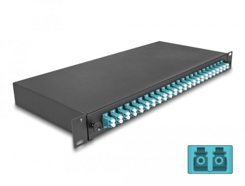 Delock 19  optikai szálösszefűző doboz 24 db. LC Duplex OM3 1U teljes elrendezés kész az összefűzésre