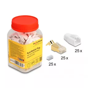   Delock RJ45 Moduláris csatlakozó feszültség mentesítővel és hajlítás védő papucsokkal Cat.7 kerekkábelekhez 25 db.-os szett (DL-67018)