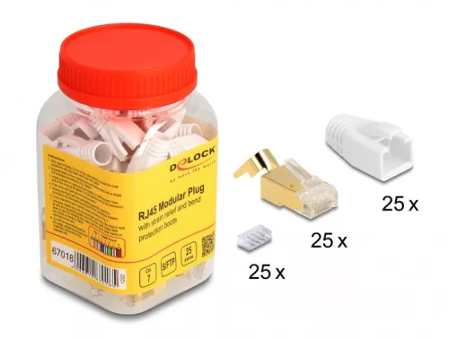Delock RJ45 Moduláris csatlakozó feszültség mentesítővel és hajlítás védő papucsokkal Cat.7 kerekkábelekhez 25 db.-os szett (DL-67018)