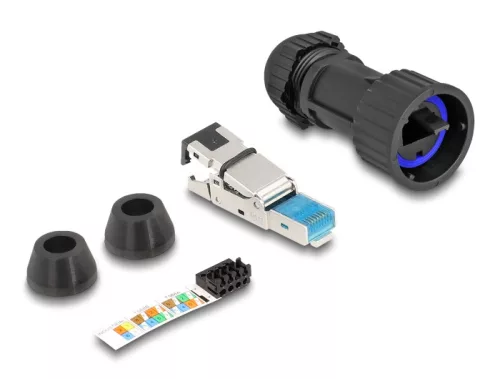 Delock RJ45 apa összeállítás Cat.6A átvezető csatolóval IP68 por és vízhatlan fekete (DL-67049)