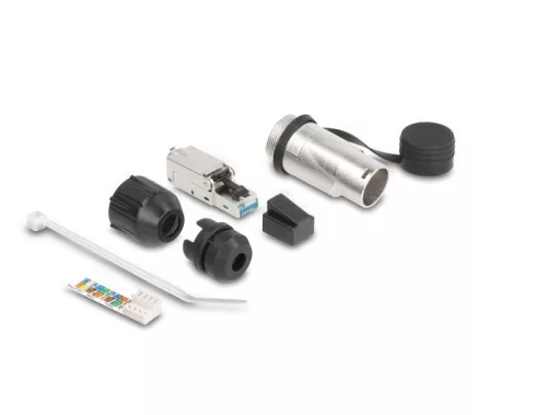 Delock RJ45 moduláris csatlakozási eszközkészlet Cat.6A robosztus kábel csatlakozási házzal és védő sapkával, IP66 por és vízhatlan (DL-67065)